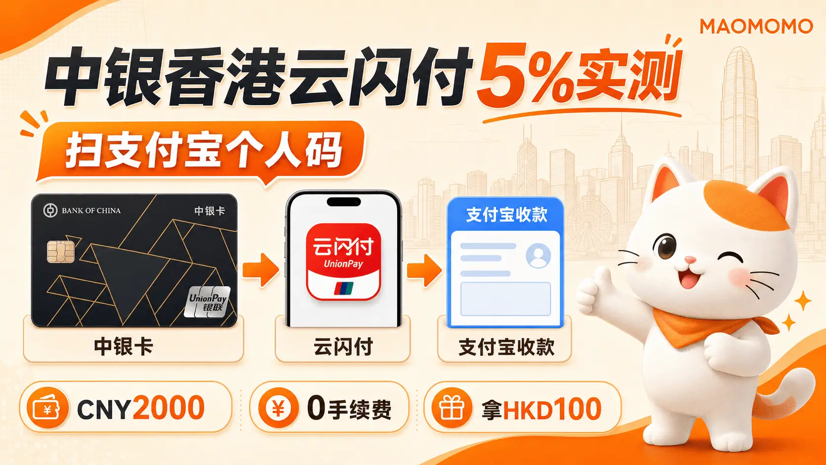 MAOMOMO 封面图:中银卡绑定云闪付扫支付宝 2000 元吃 5% 奖赏