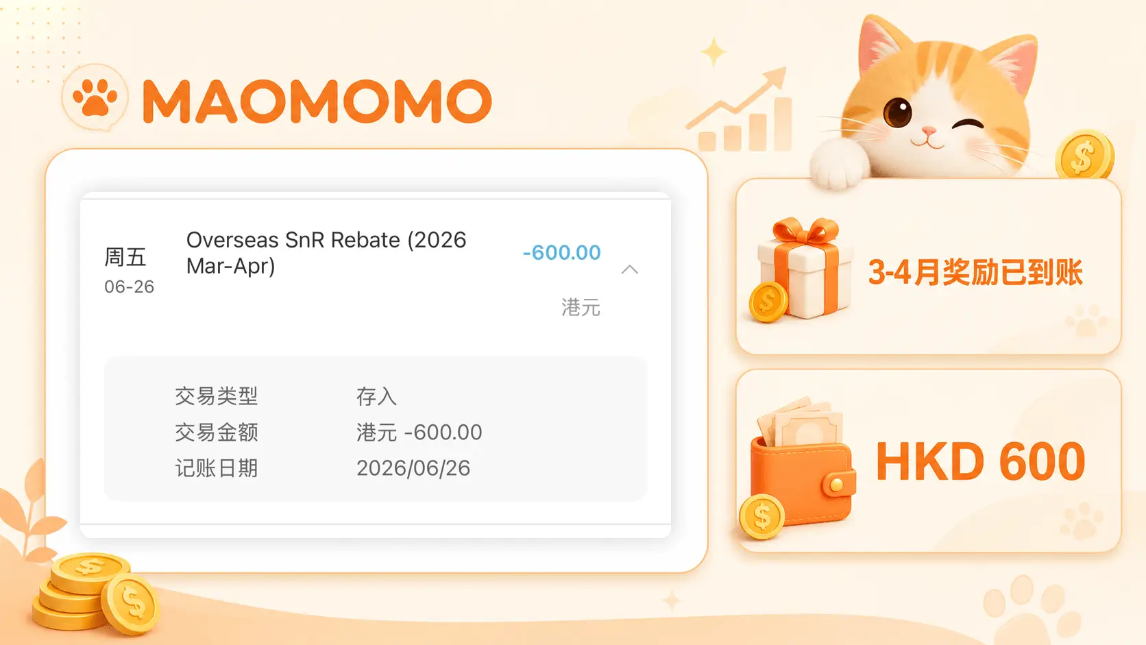 MAOMOMO 建银亚洲飞常赏3-4月HKD 600现金回赠到账截图卡片