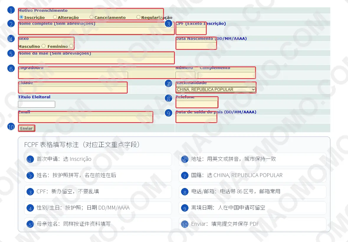 截图：填写 Receita Federal FCPF 表格并点击 Enviar