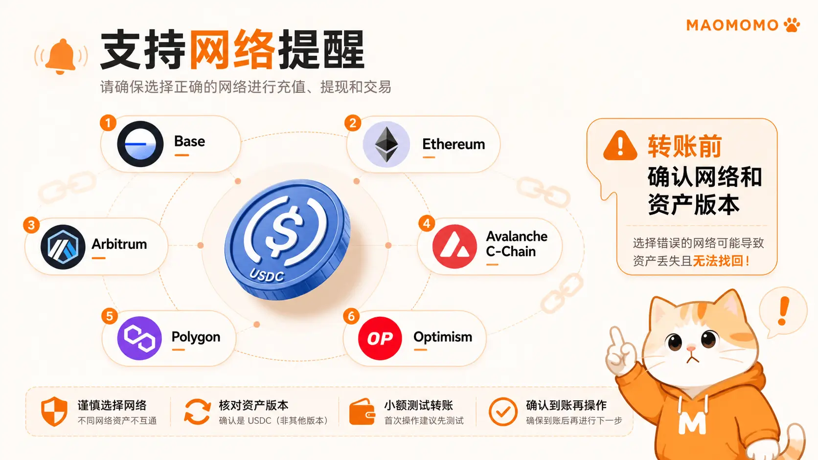 USDC Rewards 支持网络与转账注意事项