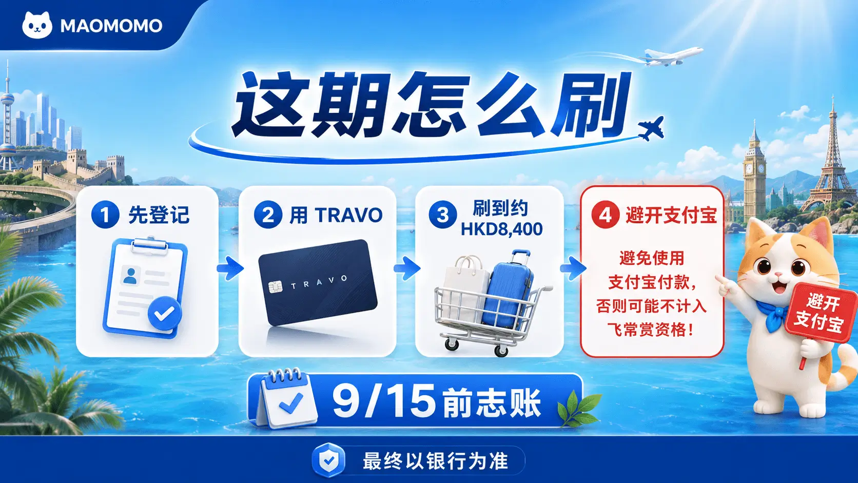 MAOMOMO这期怎么刷流程图,先登记,用TRAVO,刷到约HKD8,400,避开支付宝,9月15日前志账,最终以银行为准