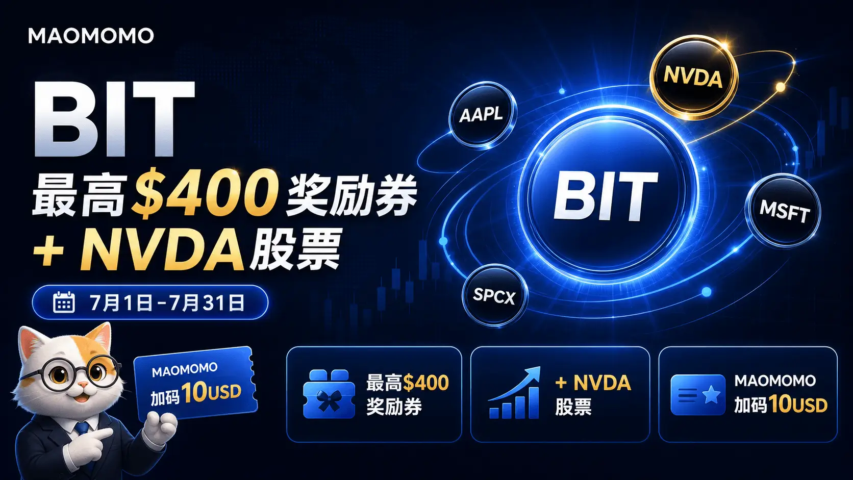bit-bonus-stock-2026-july-cover.png BIT 7月美股活动封面图,展示最高400美元奖励券、NVDA股票和MAOMOMO加码10美元