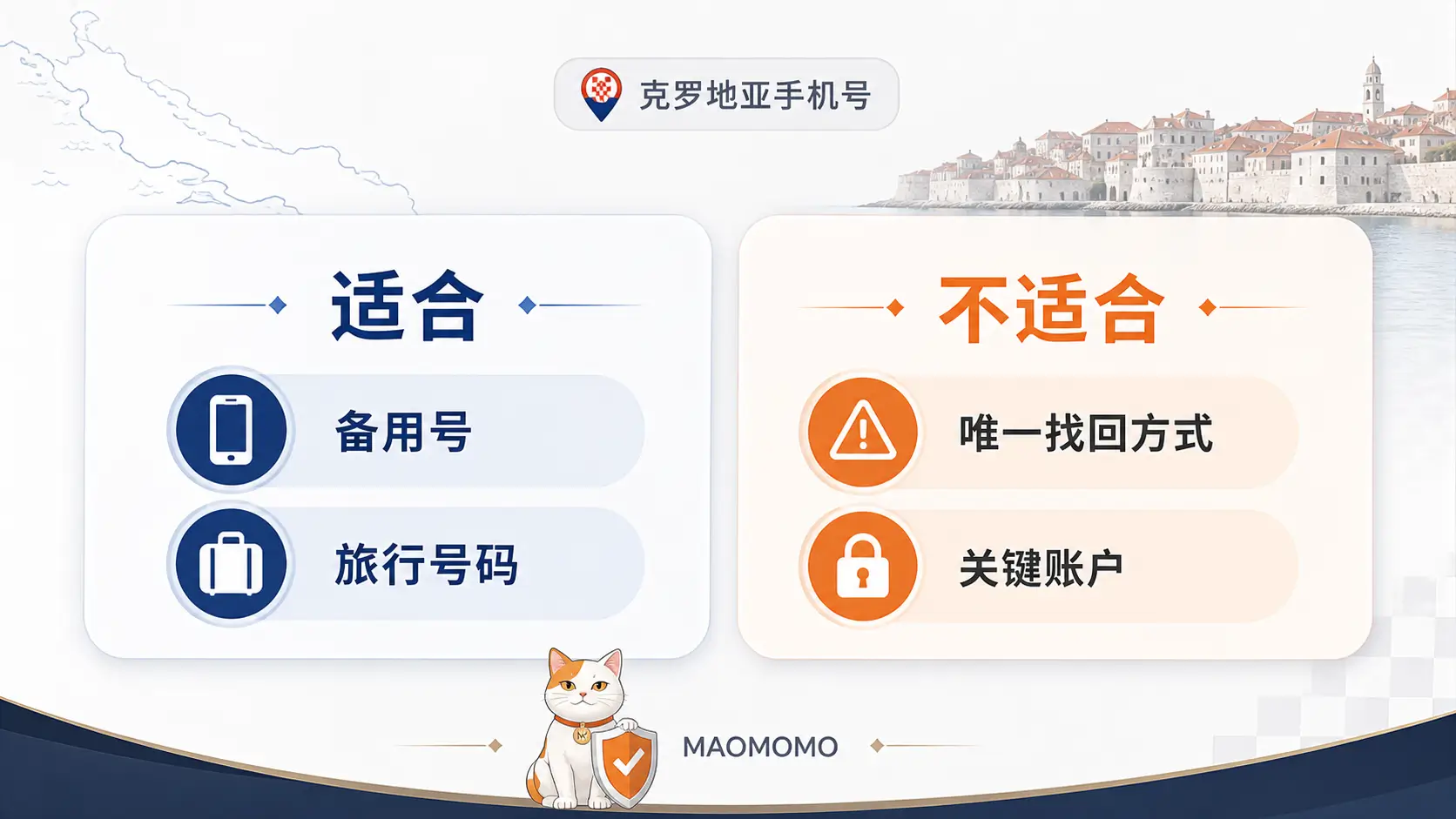 A1 Croatia eSIM 适合和不适合场景 克罗地亚 A1 eSIM 适合和不适合场景对照图,提示不要作为关键账户唯一找回号码