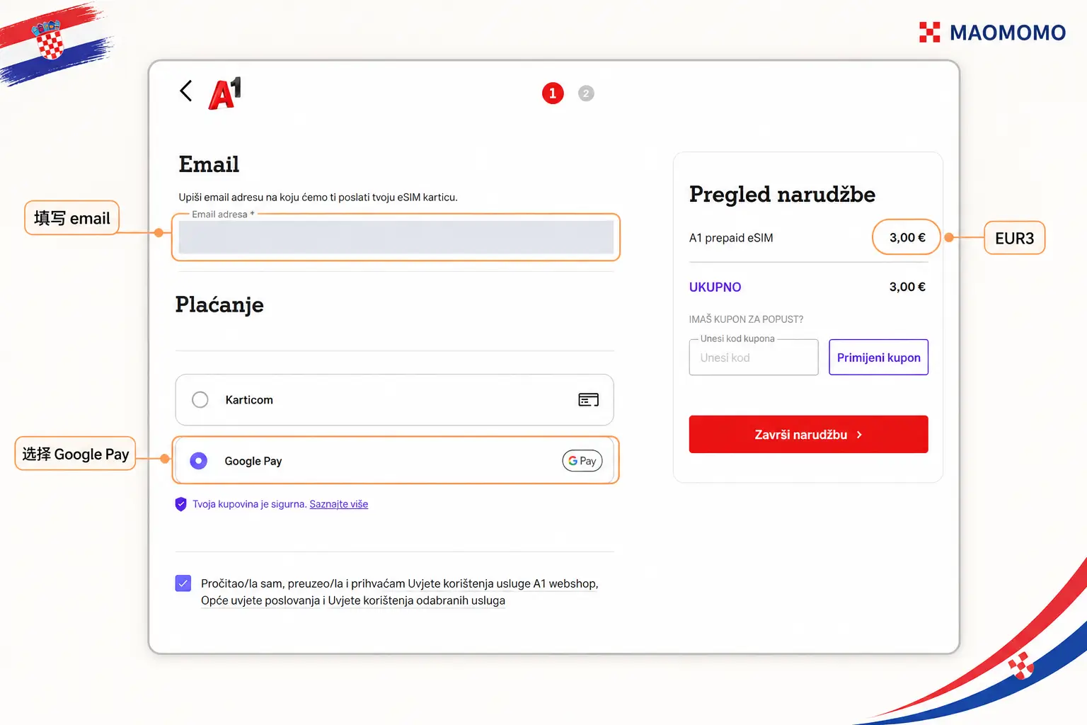 A1 Croatia eSIM 结算页 A1 Croatia eSIM 结算页截图,显示填写 email、选择 Google Pay 或信用卡支付 EUR3