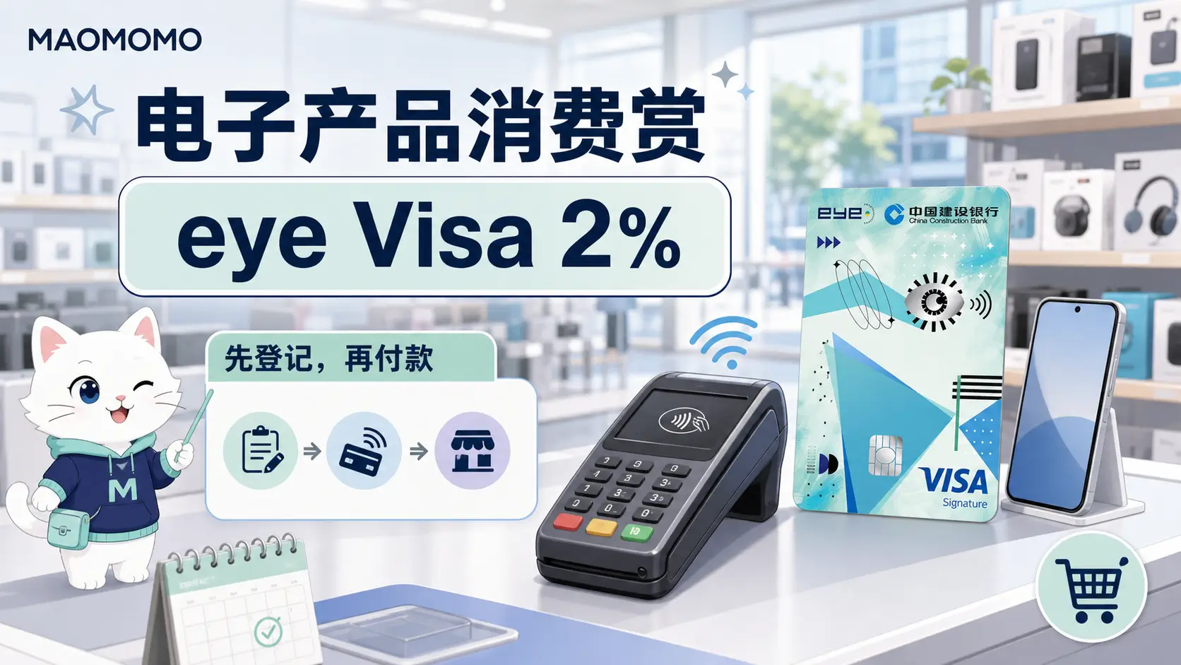 建亚电子产品消费赏付款提醒 建亚「电子产品消费赏」eye Visa 登记、感应支付与商户类别提醒图