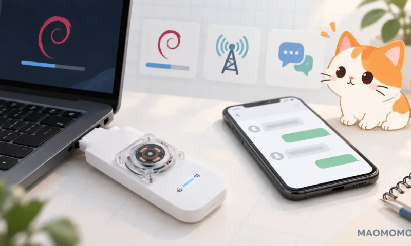 UFI103S 高通410随身 Wi-Fi 刷 Debian 并用 VoCat 转发短信的封面图，画面为设备、笔记本和手机通知场景。