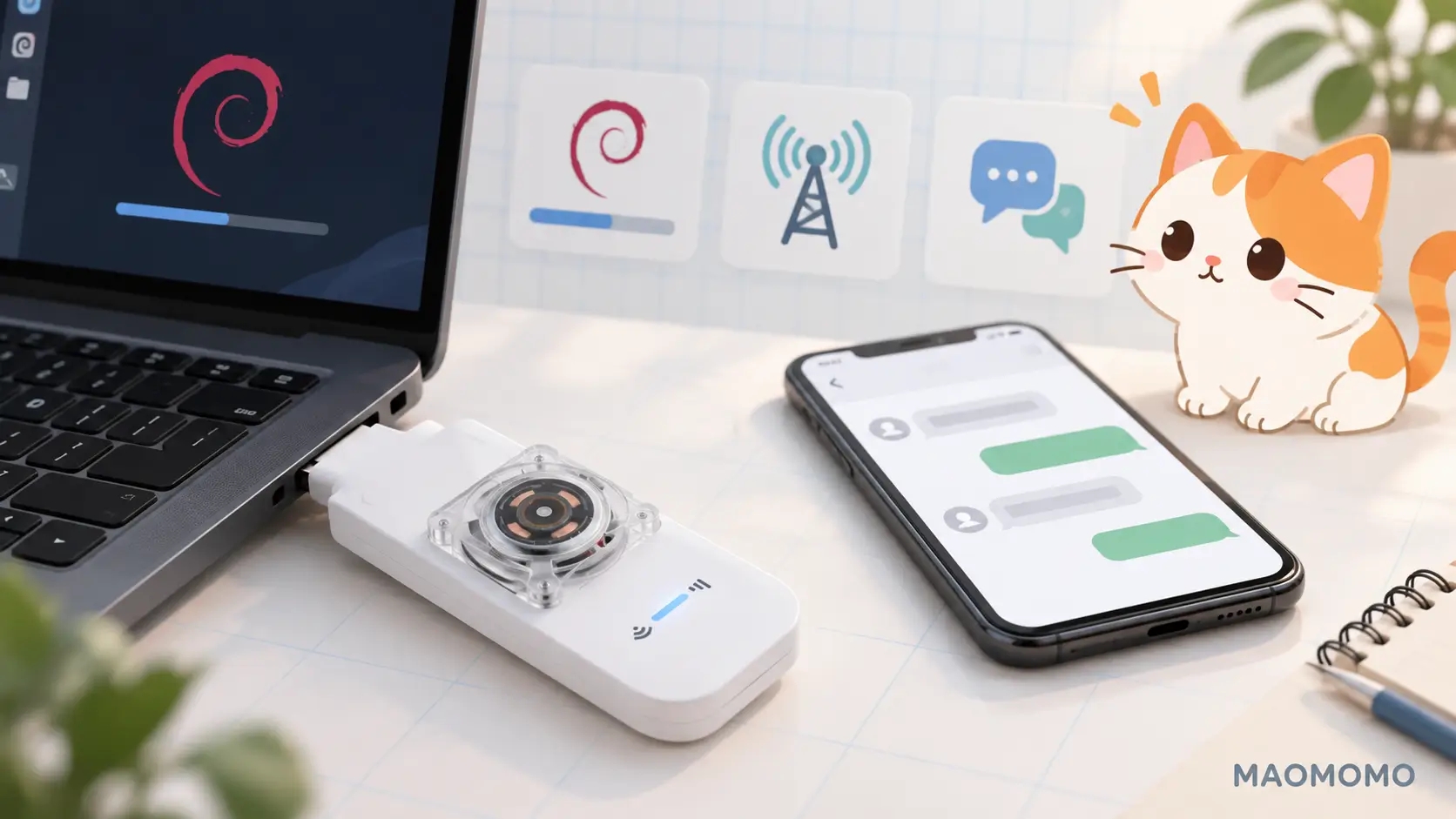 高通410刷 Debian 与 VoCat 短信转发 UFI103S 高通410随身 Wi-Fi 刷 Debian 并用 VoCat 转发短信的封面图,画面为设备、笔记本、手机通知和卡通白橘猫。