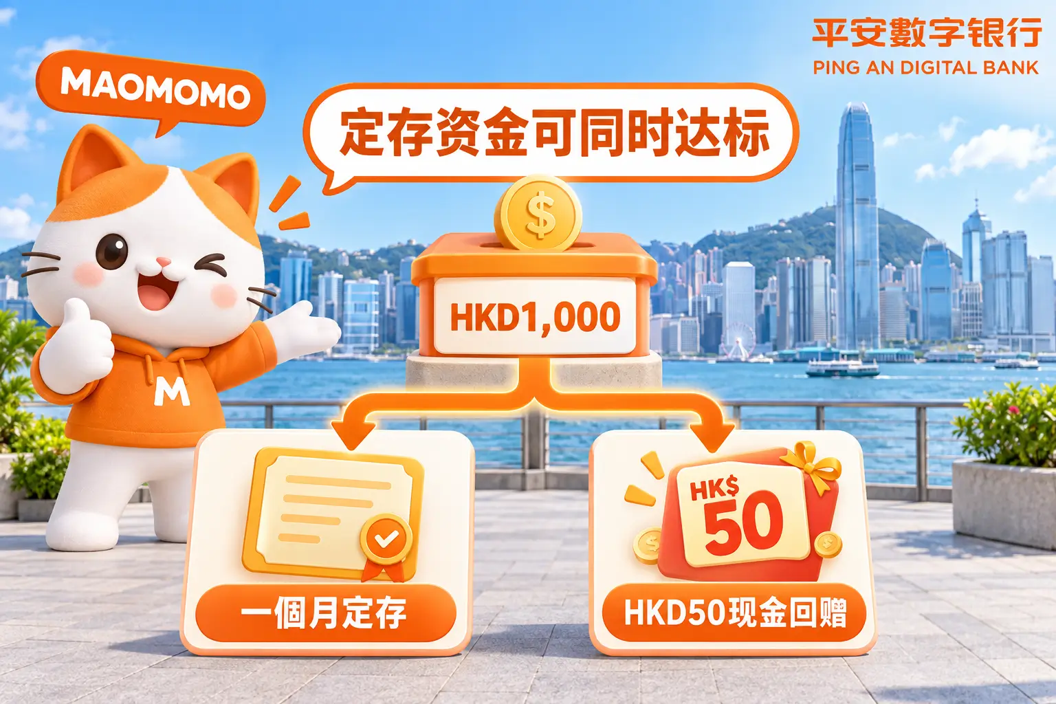 平安数字银行HKD50现金回赠 平安数字银行定存资金可同时满足HKD50现金回赠门槛说明图