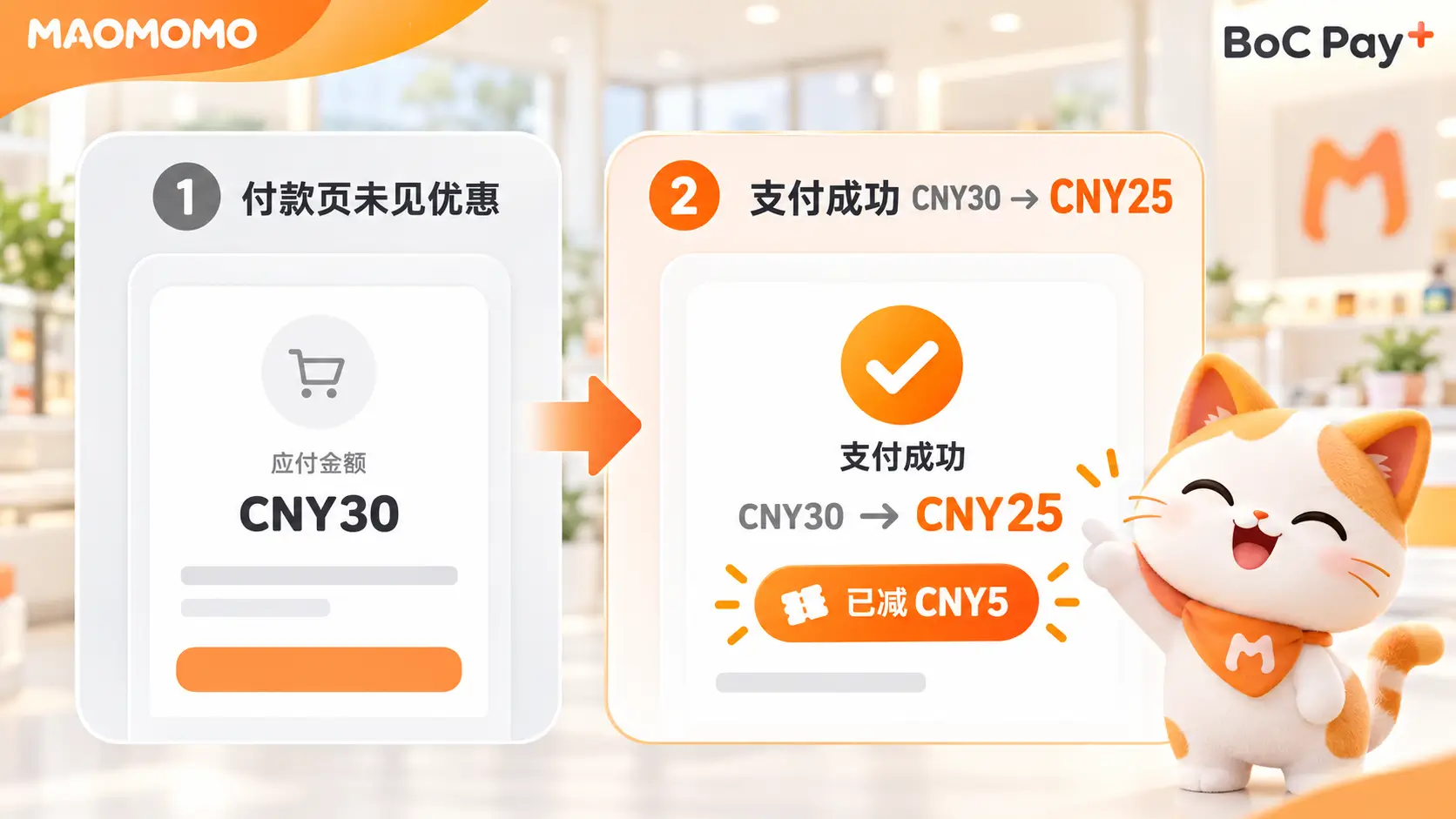bochk-bocpay-crossborder-2026q4-payment-result-02 BoC Pay+ 付款前未显示立减,支付成功后 CNY30 实际扣款 CNY25 已减 CNY5